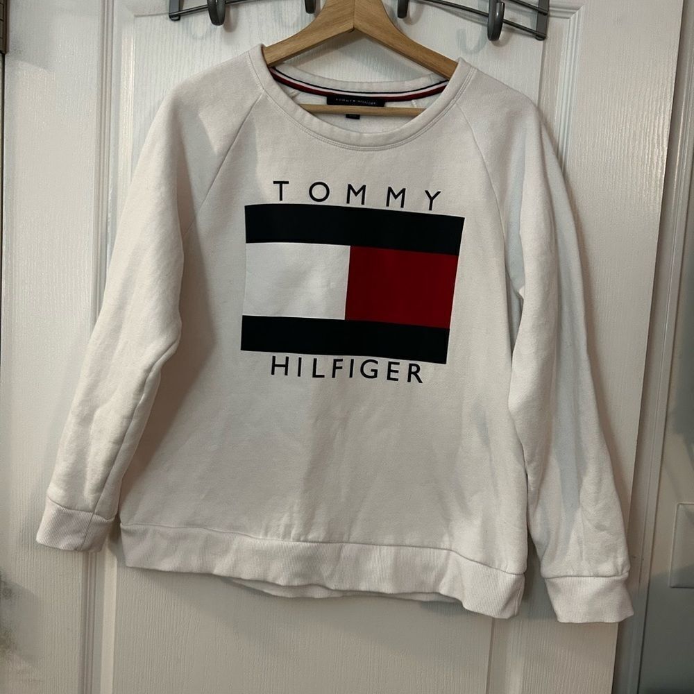 TOMMY HILFIGER Logo Flag‎ Crew Neck Sweatshirt Women's L classic white preppy